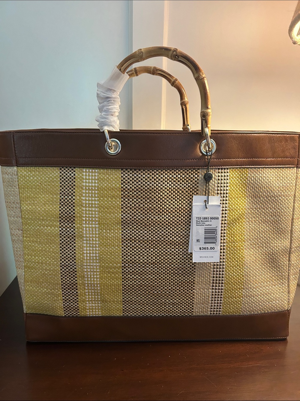 Brahmin Yellow and Brown Woven Tote Bag with Bamboo Handles NWT